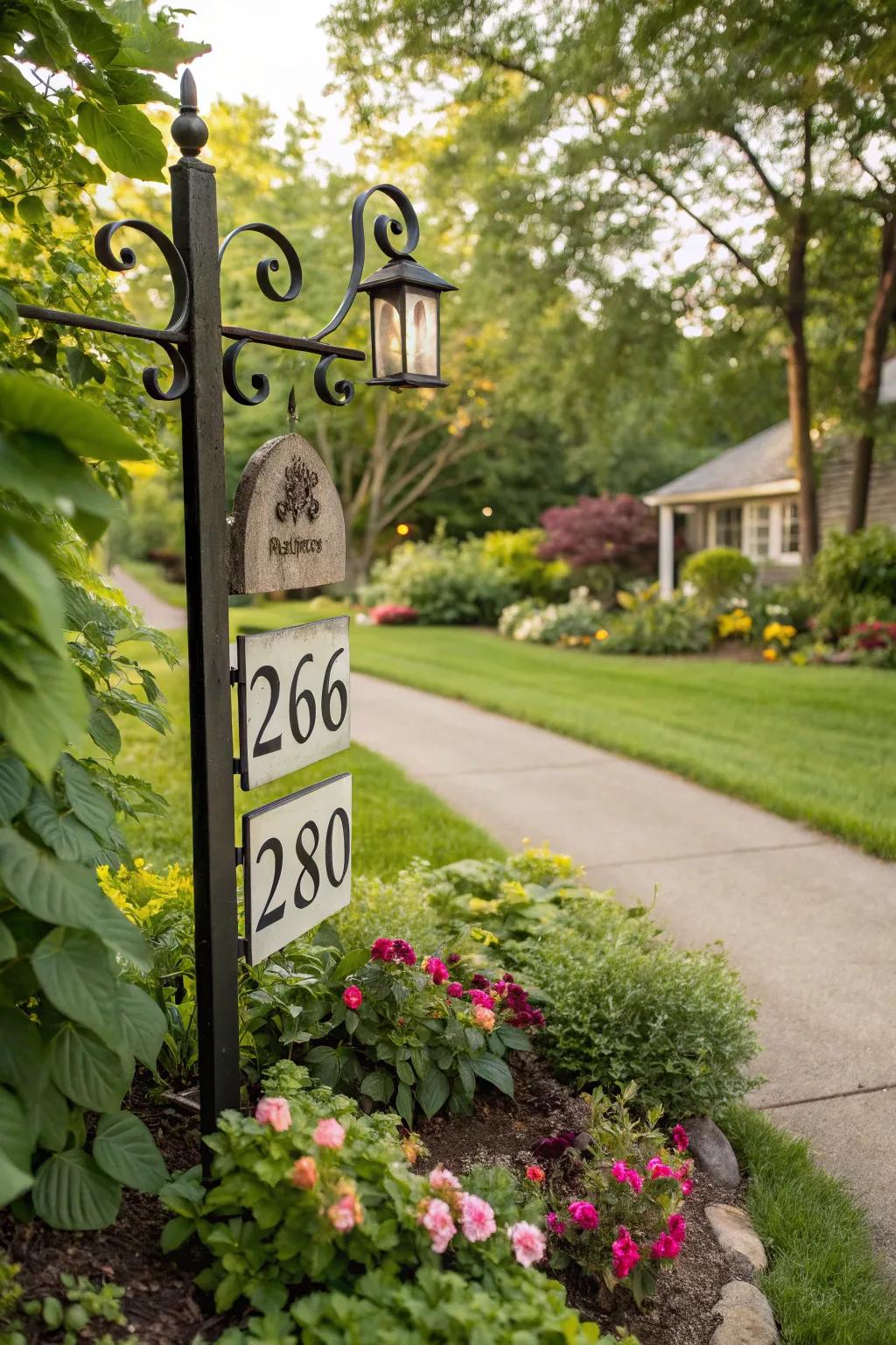 Freestanding signage in a garden for displaying house numbers.