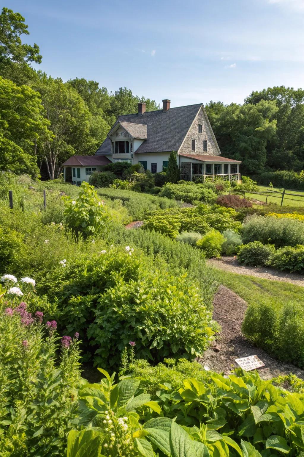 Greenery enveloping a white farmhouse, creating a lively and inviting atmosphere.