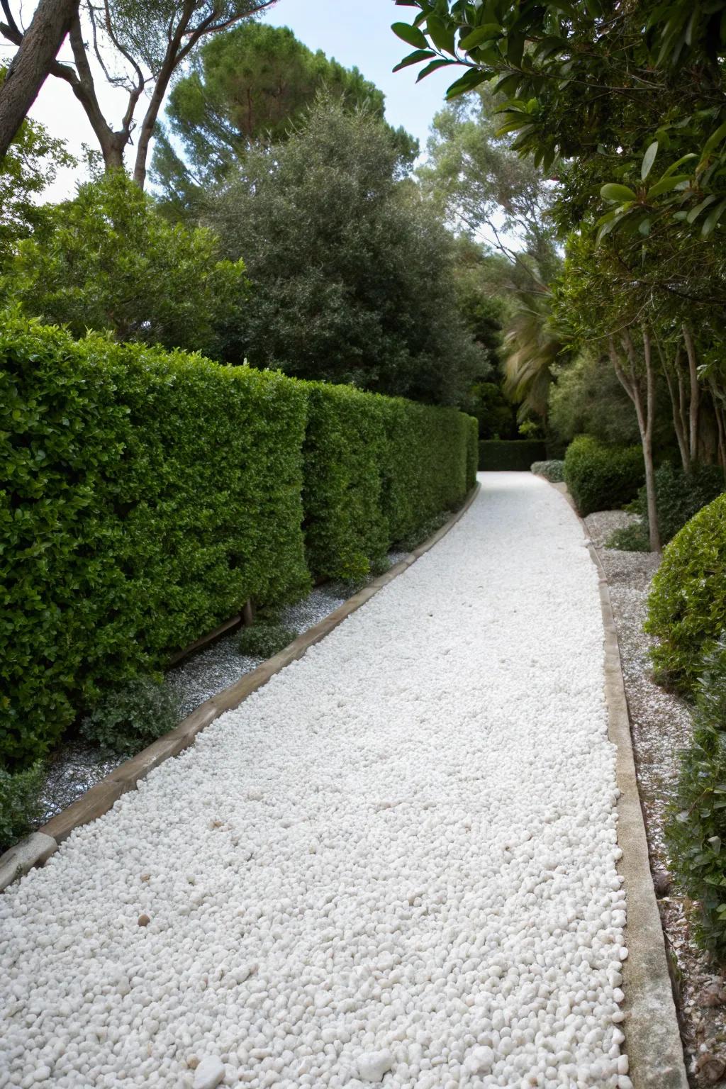 White marble chips creating a sleek and elegant driveway.