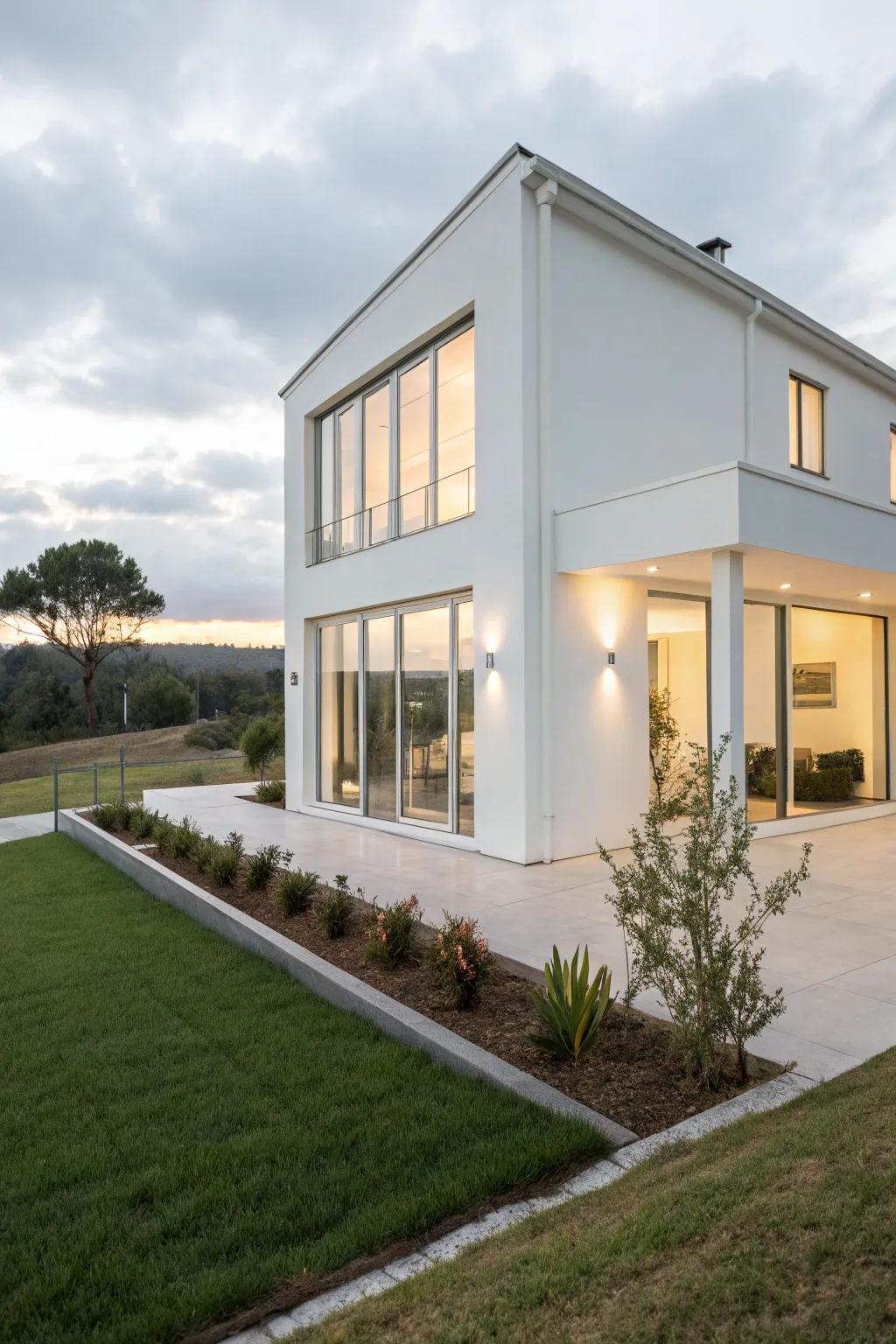 A minimalist white home with expansive windows and simple, elegant landscaping.