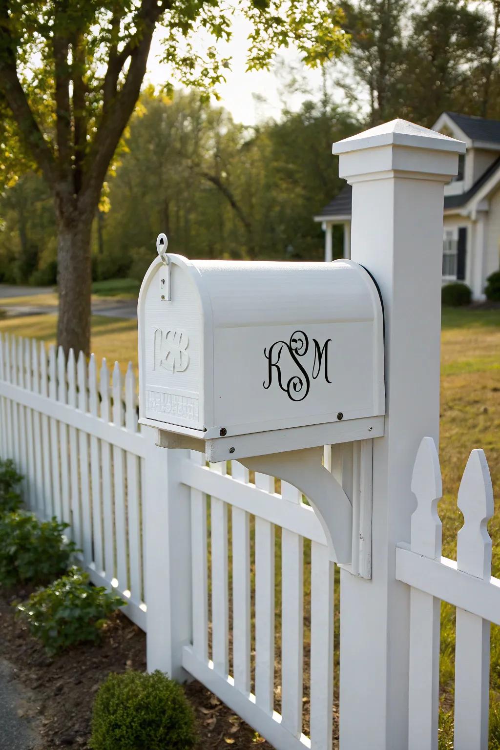 A timeless white mailbox personalized with a monogram adds a personal touch to the entrance.