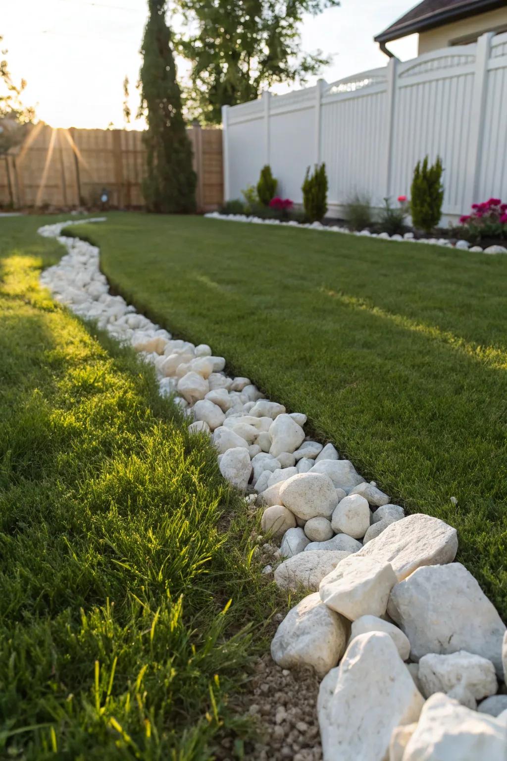 Create crisp edges with white marble rocks for a polished look.