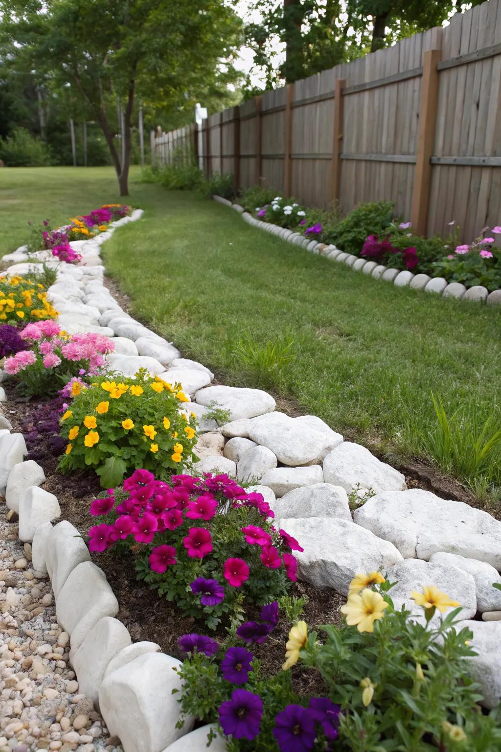 Neat white rock borders framing a vibrant flower bed.