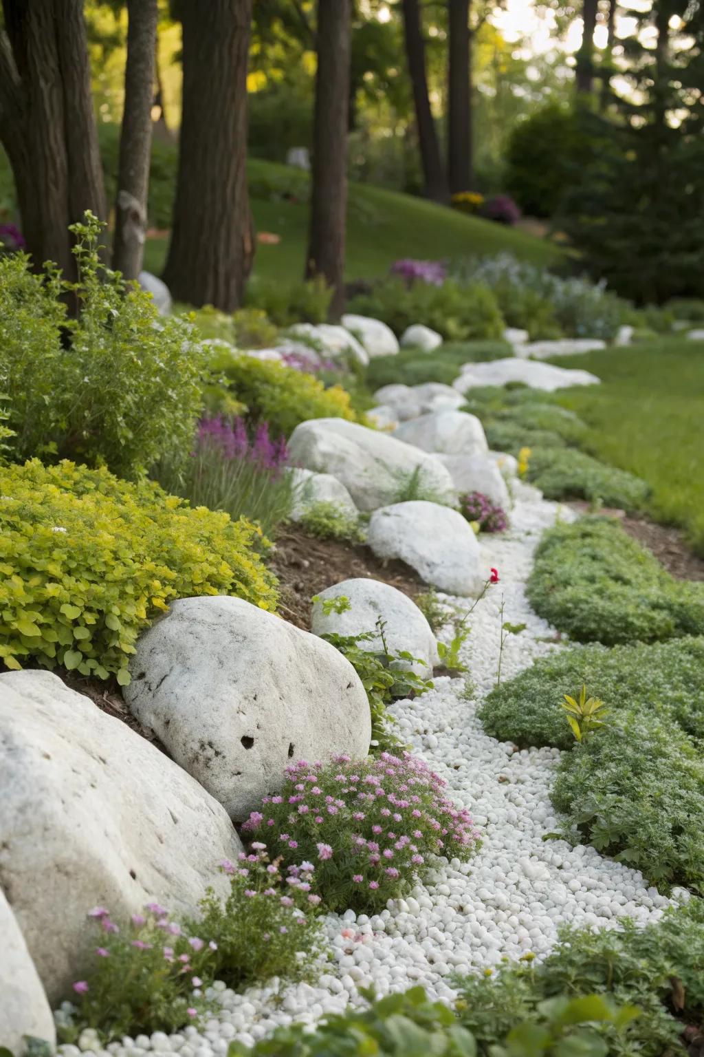 Achieve a stunning contrast with white rocks and lush greenery.
