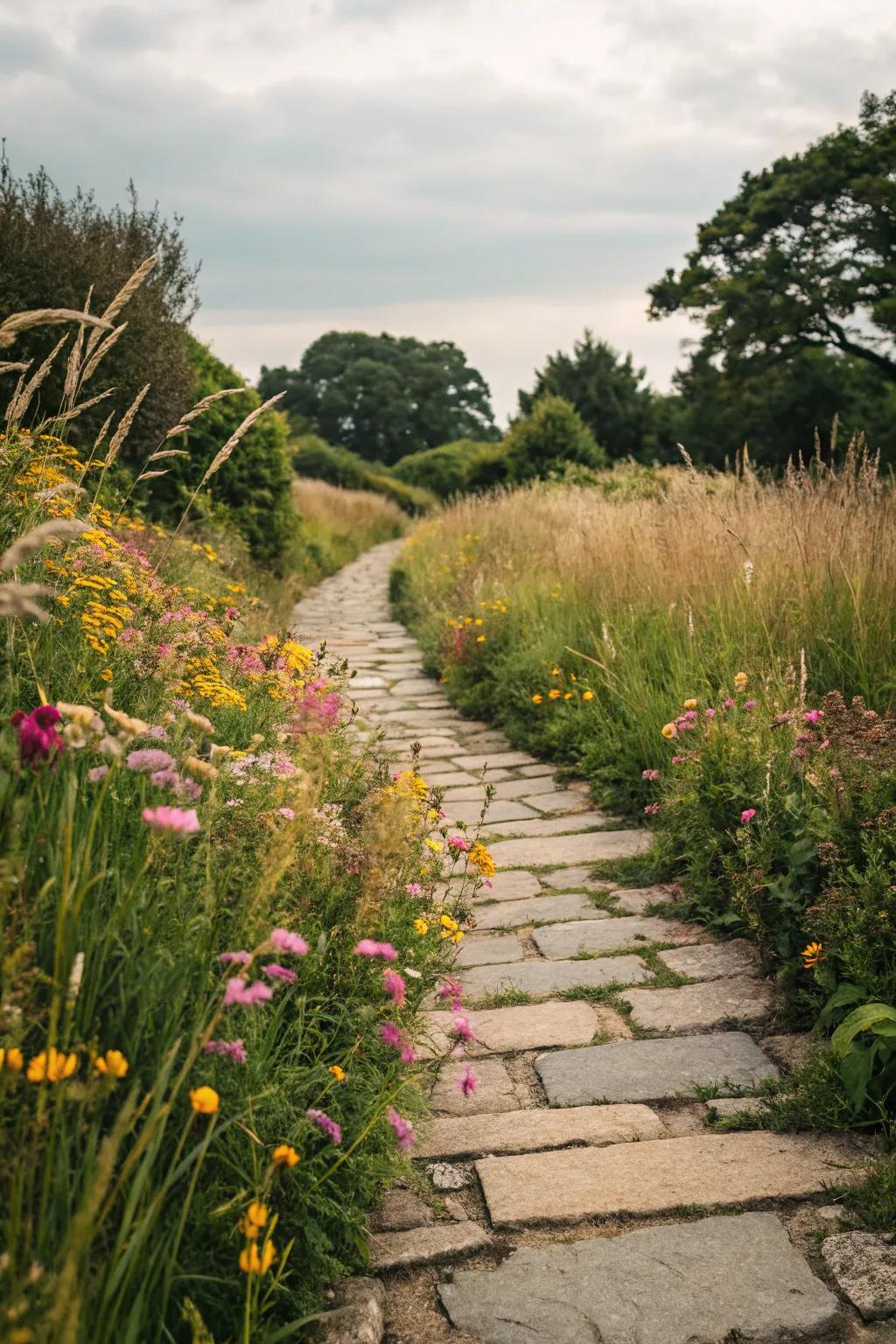 A rustic stone pathway invites exploration through the wild garden.