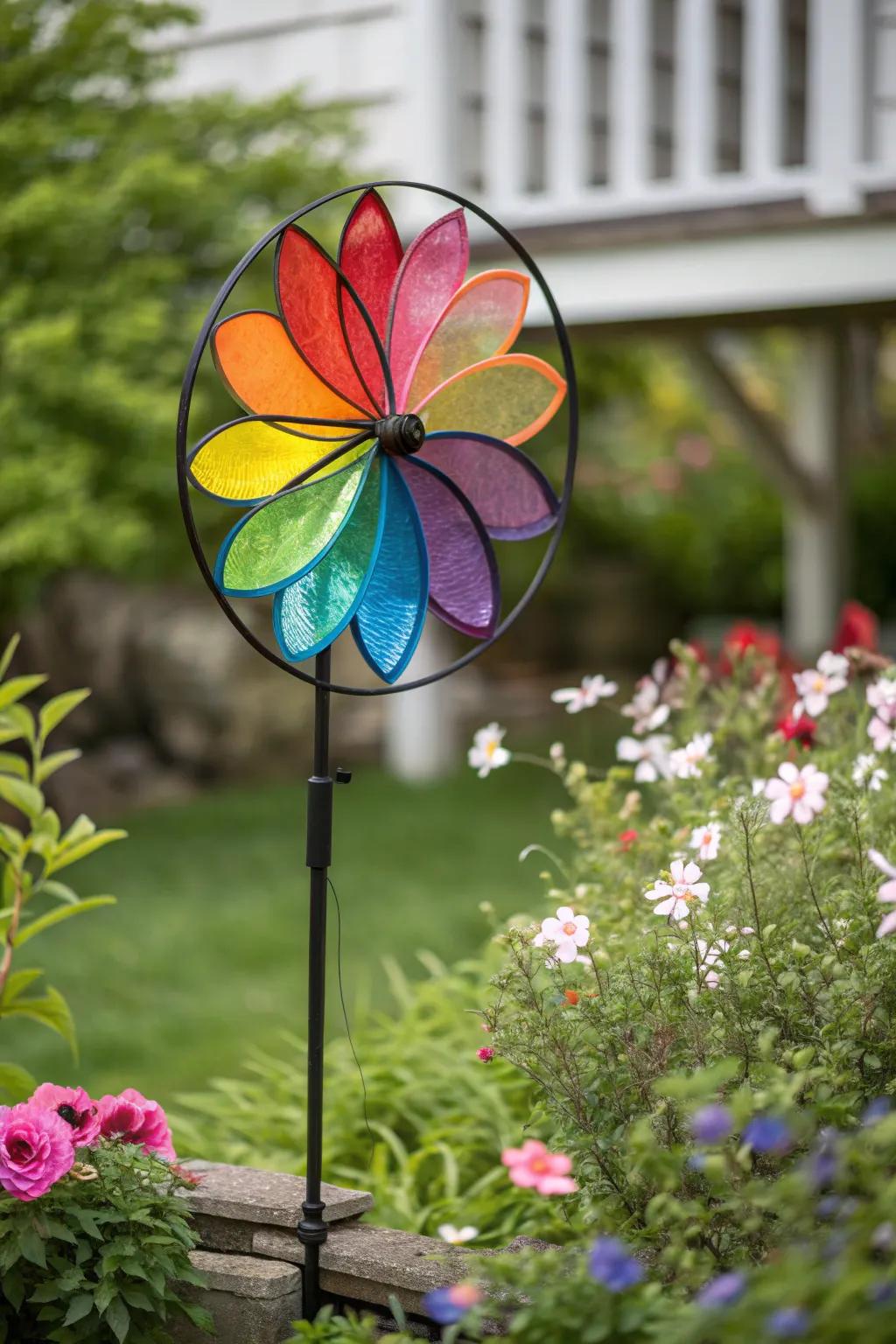 A rainbow wind spinner brings vibrant energy to any outdoor space.