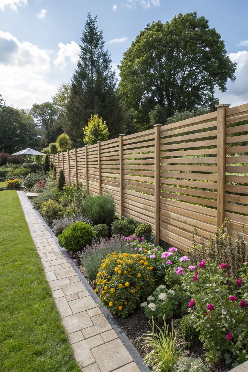 Slatted wooden fences offer both wind protection and a modern aesthetic.