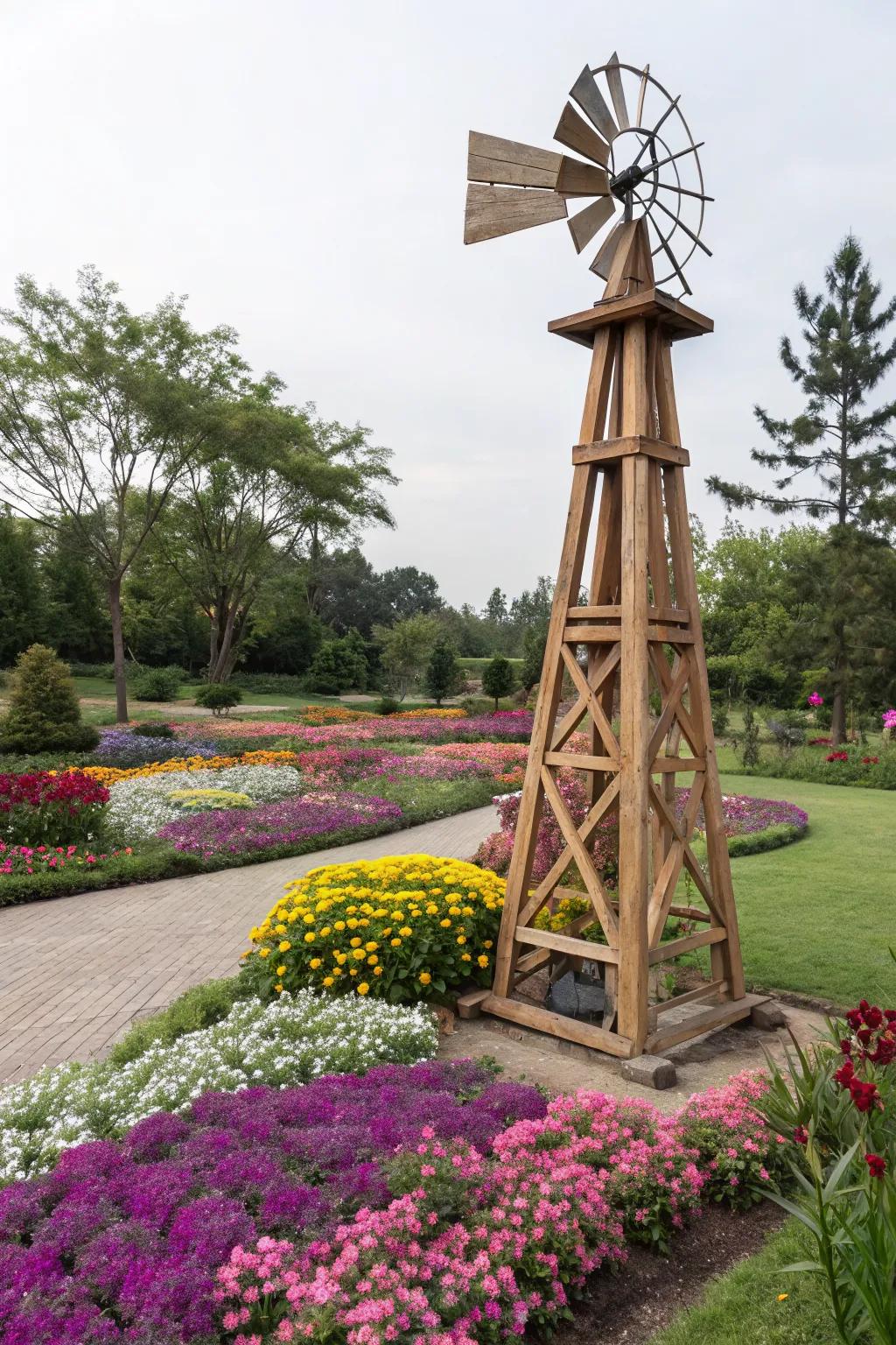 Wooden decorative windmill in a bright garden.