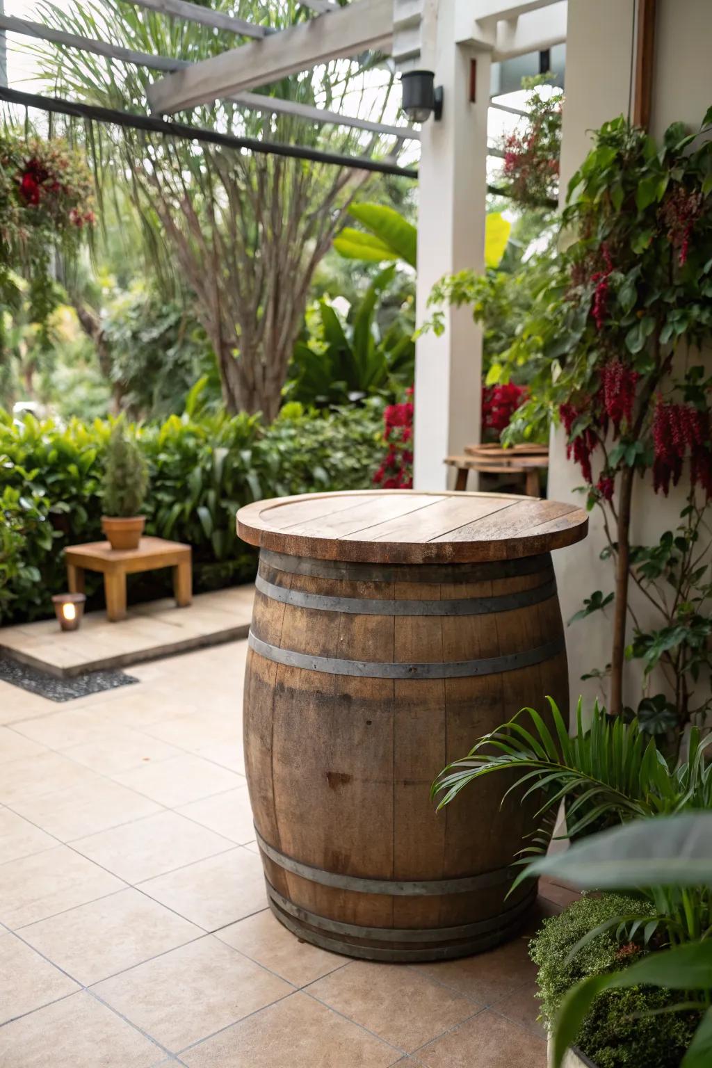 A classic wine barrel table adds vineyard charm to any outdoor space.