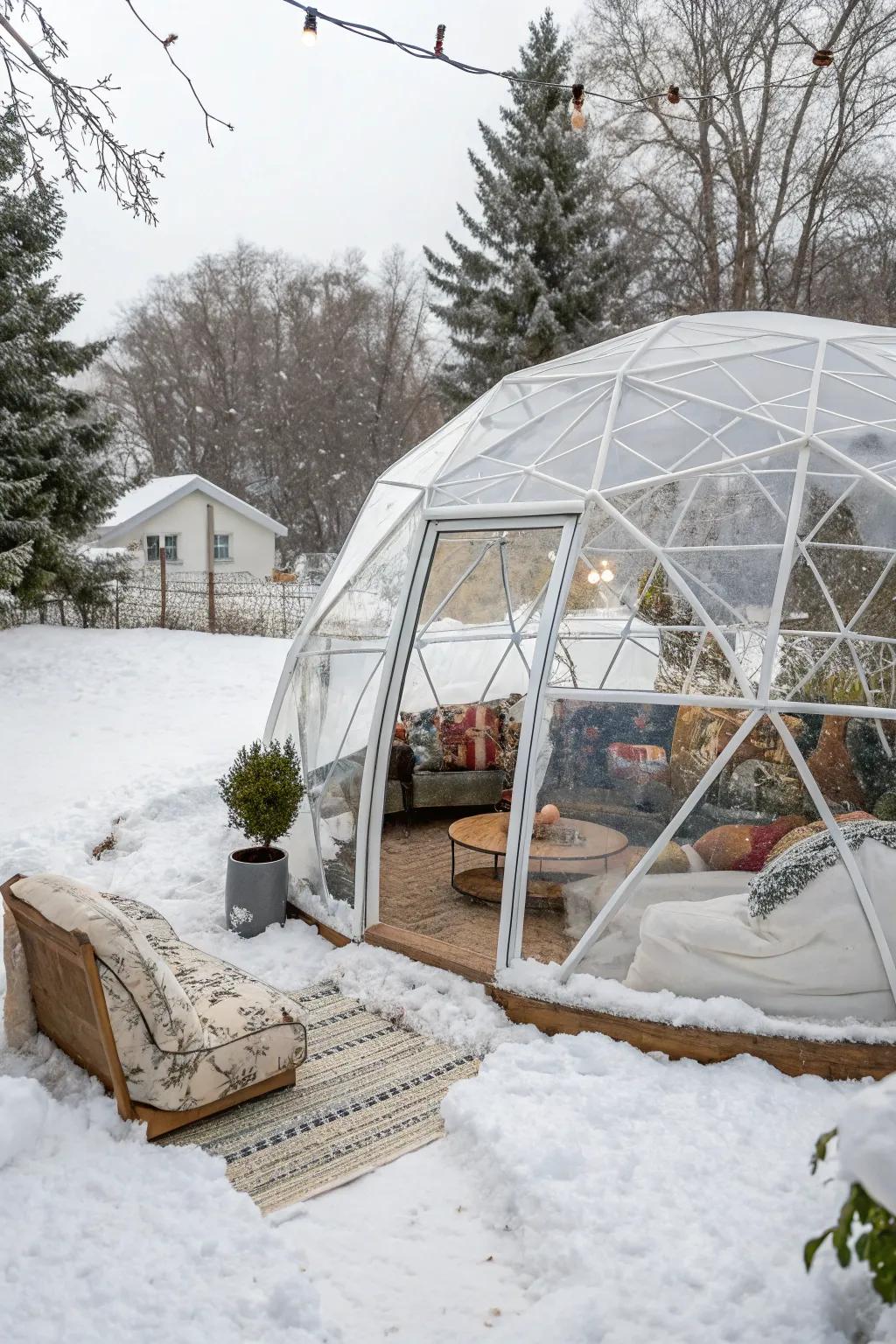 A garden igloo offers warmth and a panoramic view of winter.