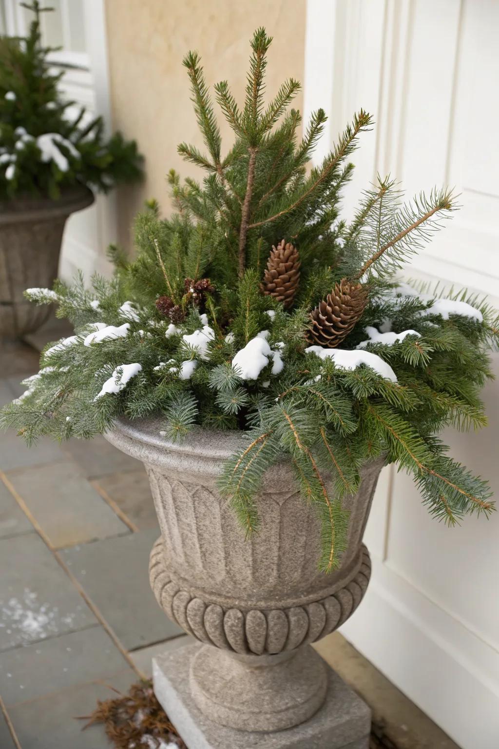 Evergreen foliage forms the perfect base for winter containers