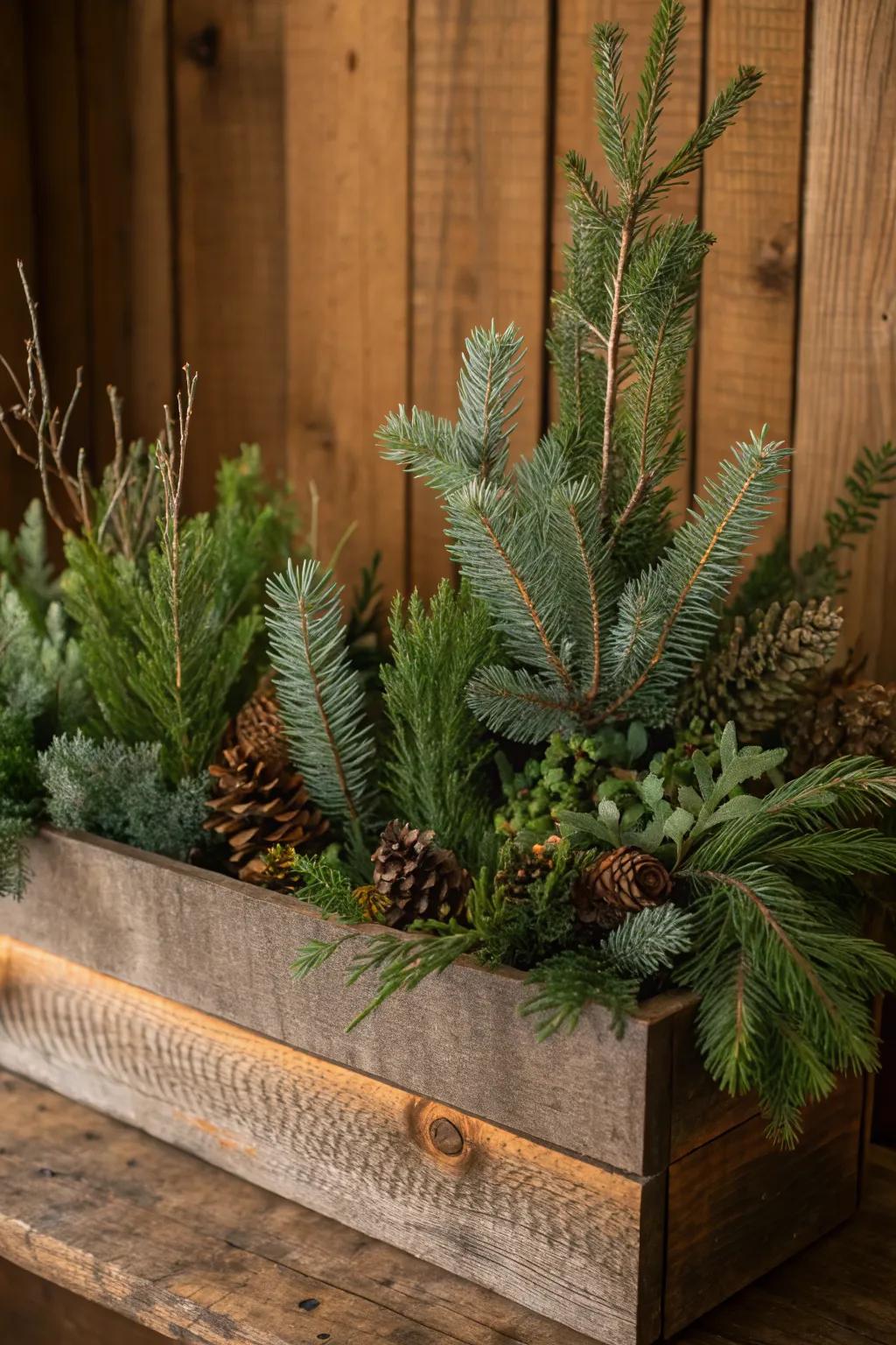 Evergreens create a lush and aromatic winter display.