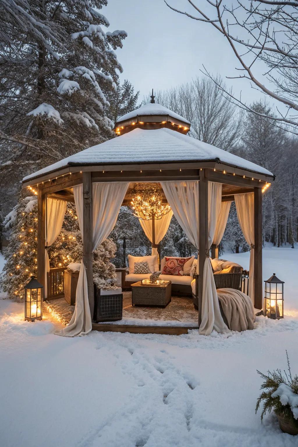 Plush seating and cozy textiles turn your gazebo into a perfect winter retreat.