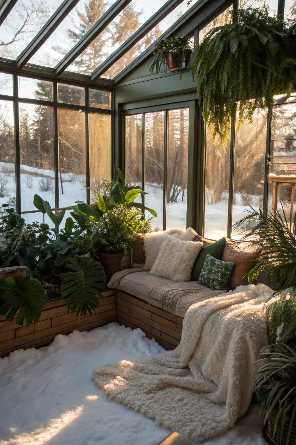 Cozy seating area inside a winter greenhouse.