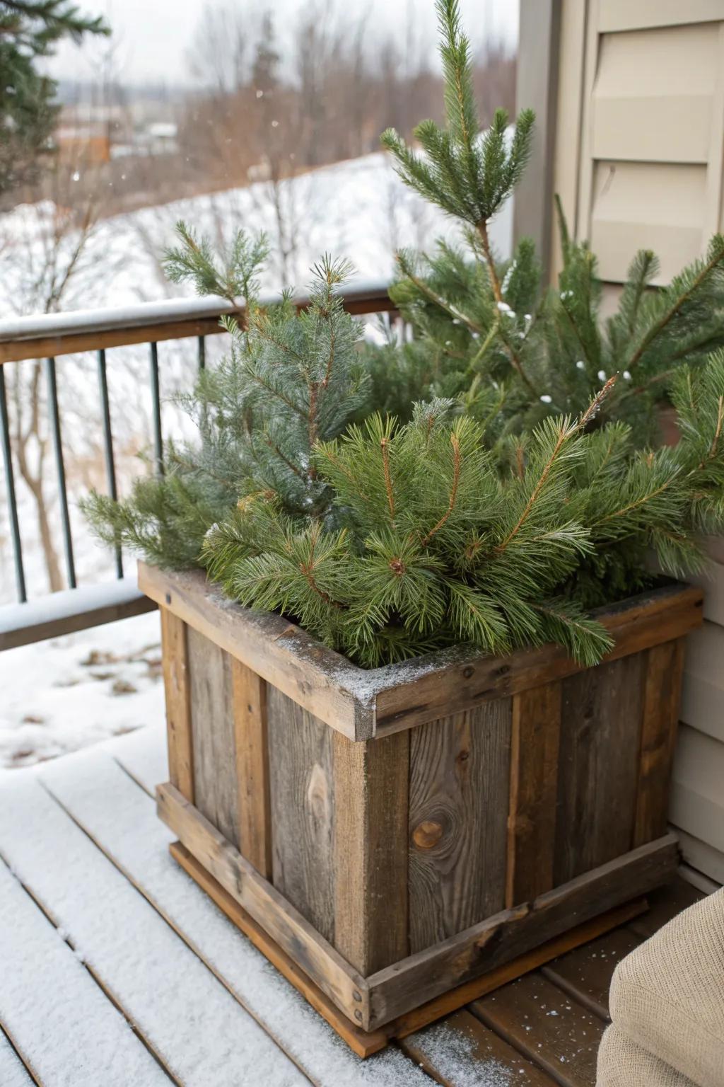 Evergreens bring a timeless beauty to any winter planter box.