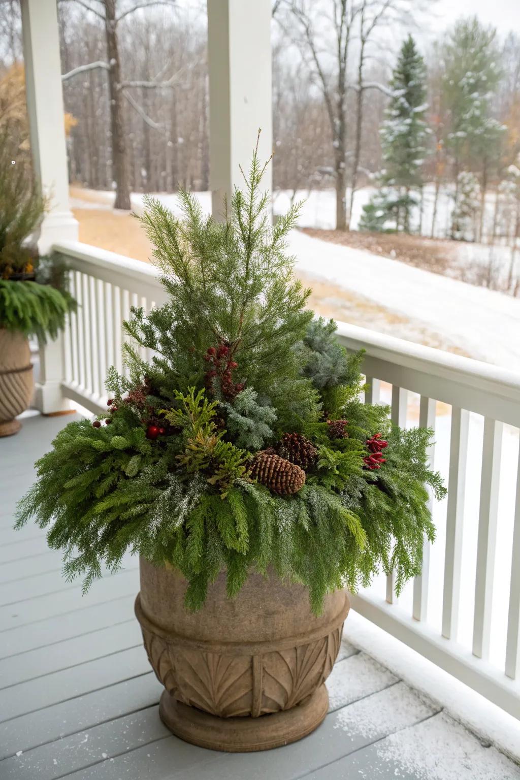 A lush arrangement of evergreen branches for a winter porch pot.