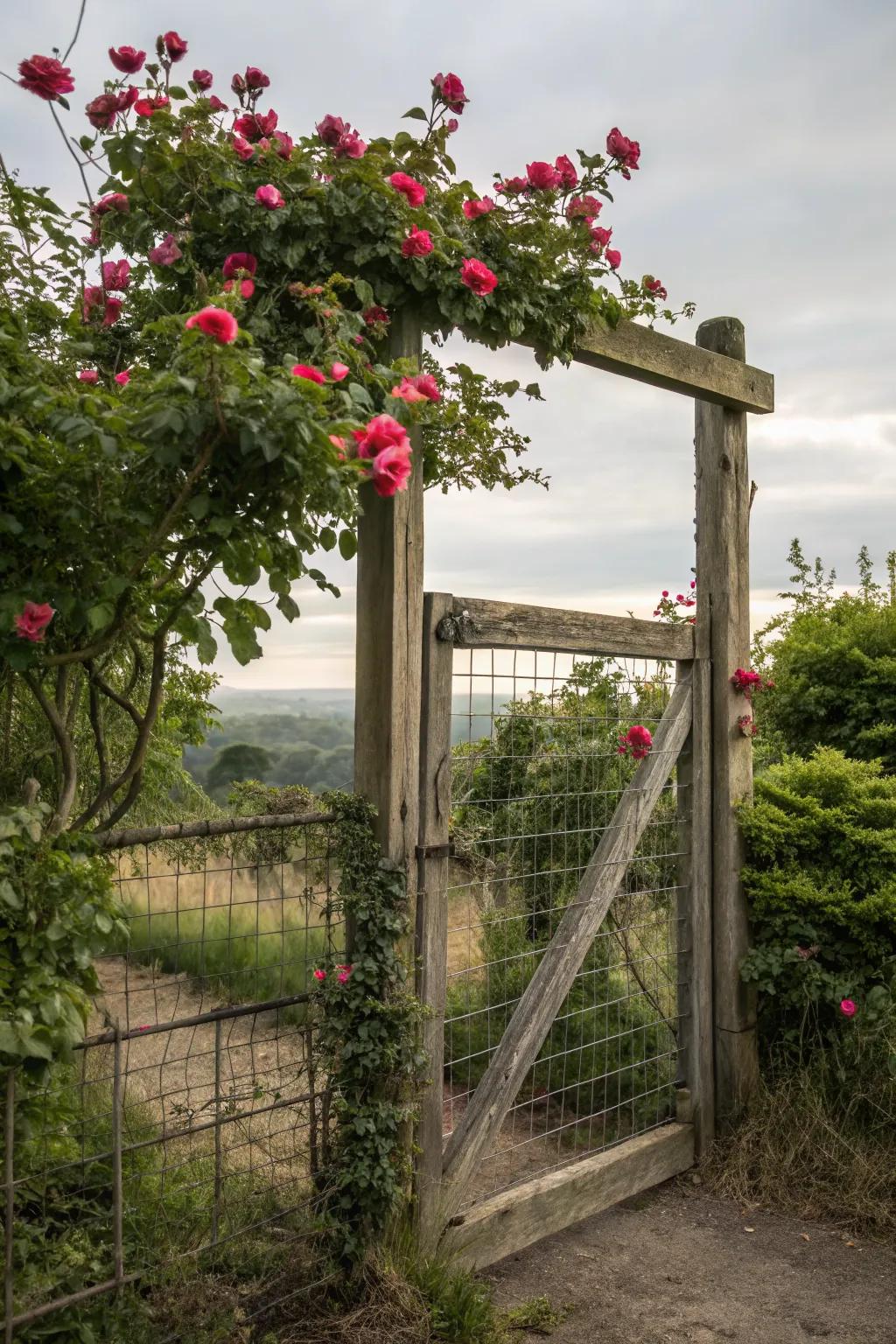 A rustic gate with wire mesh adds charm to a garden adorned with climbing roses.
