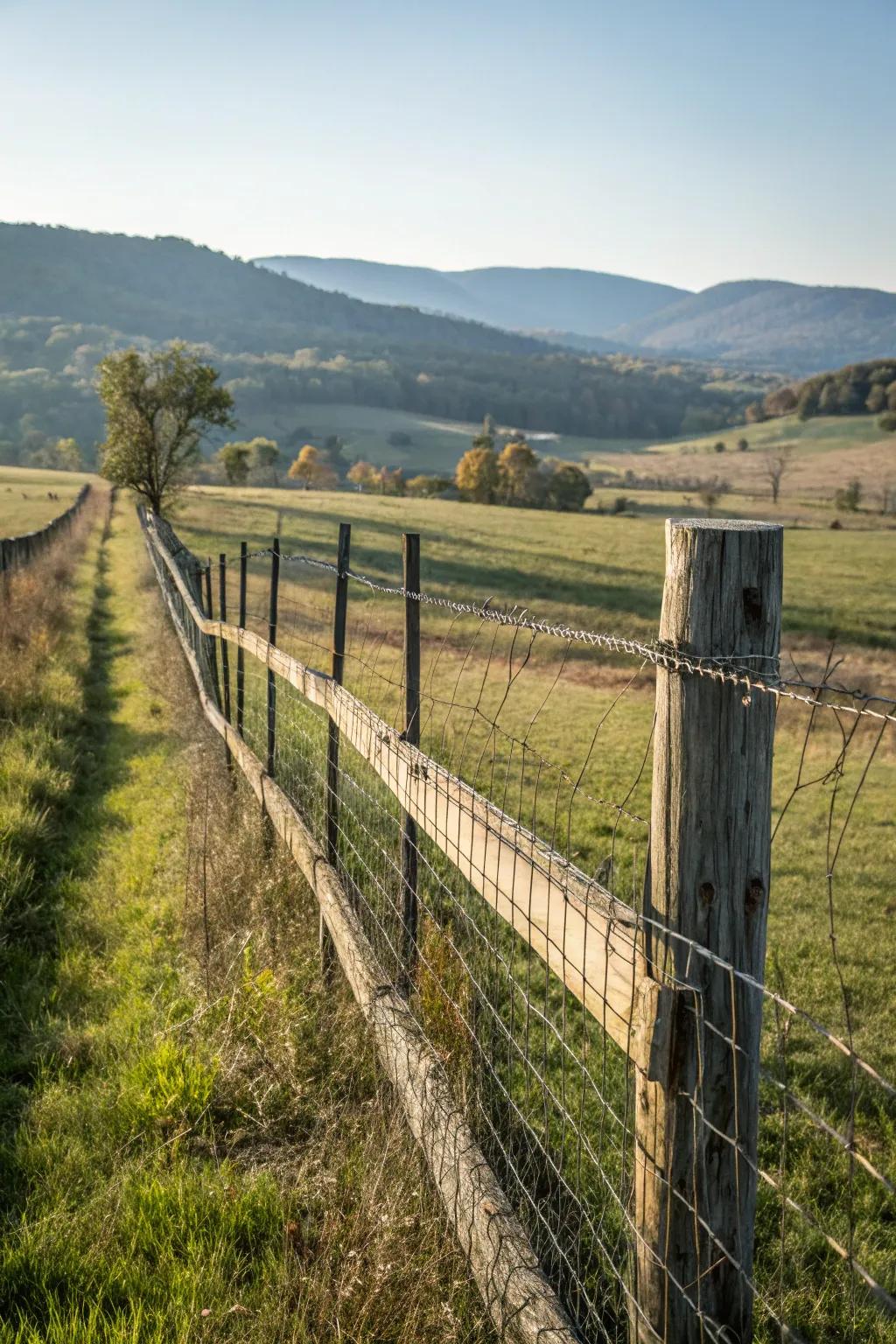 Rustic split rail fence with wire mesh, perfect for a countryside setting.