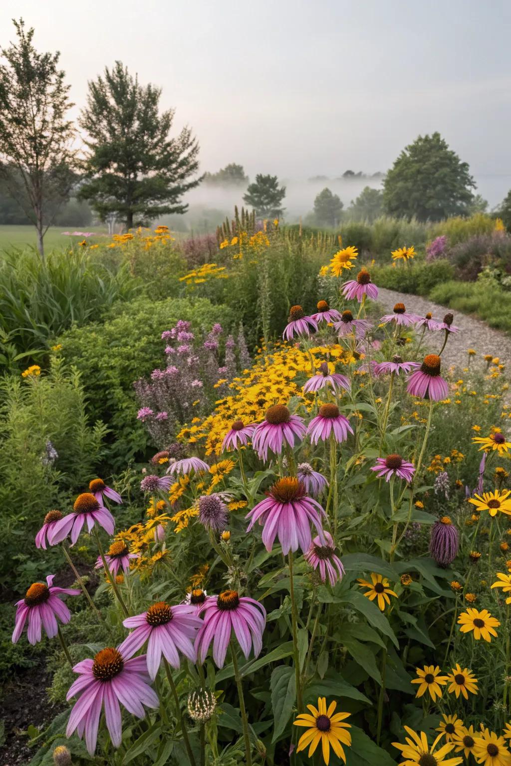 A garden with native Wisconsin plants like Purple Coneflowers and Black-Eyed Susans.