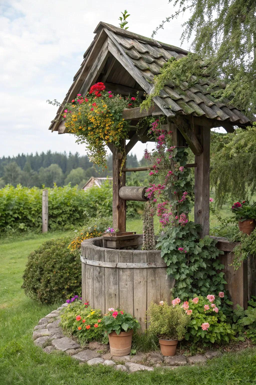 A traditional wooden wishing well nestled among vibrant garden blooms.