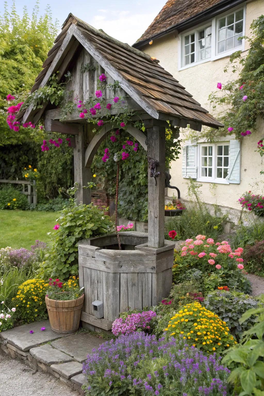 A classic wooden wishing well adds timeless charm to any garden.