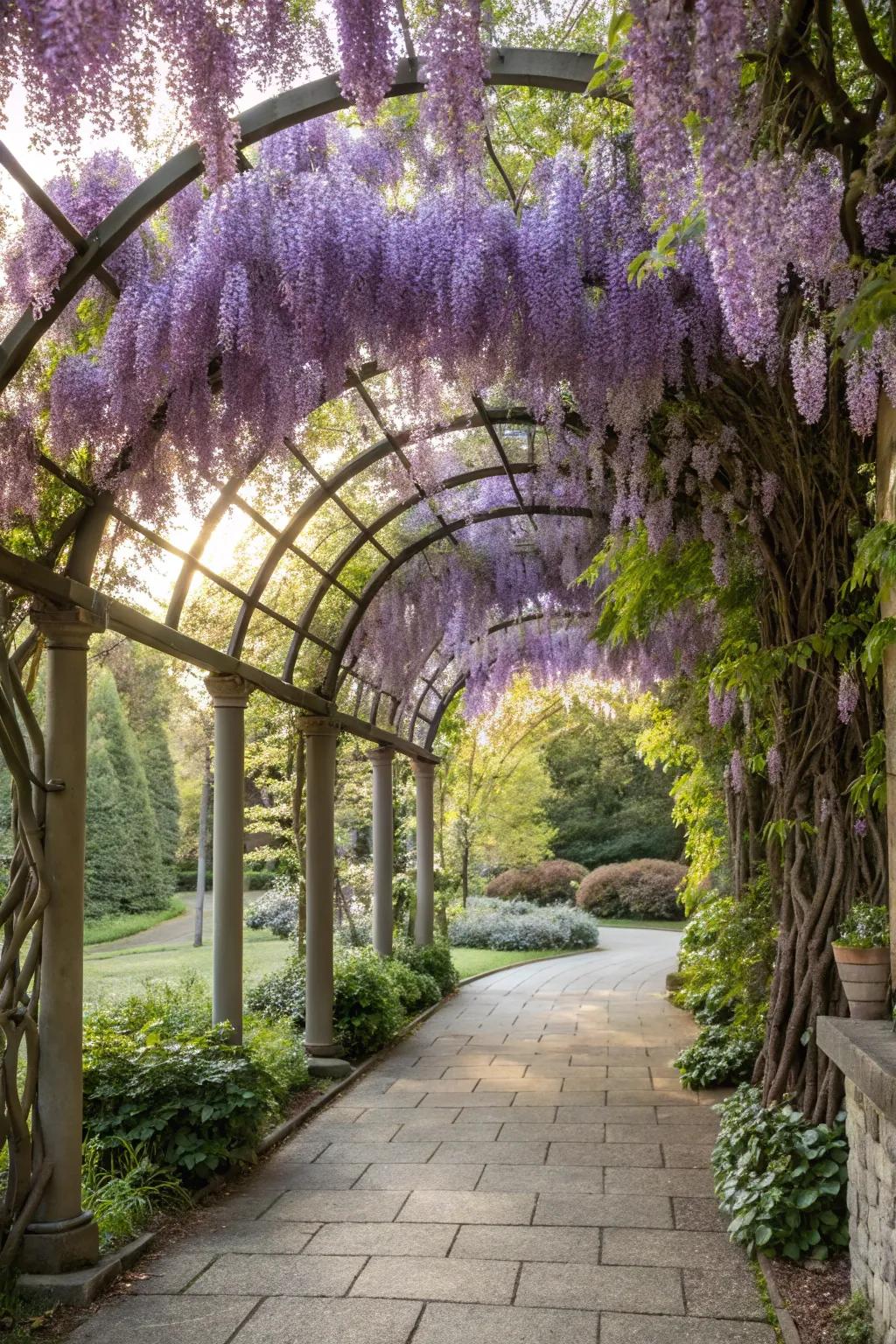 A garden arbor adorned with cascading wisteria, creating a whimsical entryway.