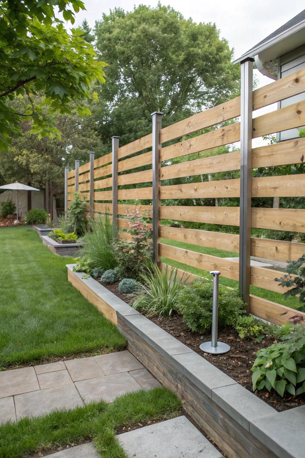 A modern fence design featuring horizontal wooden slats and strong metal posts.