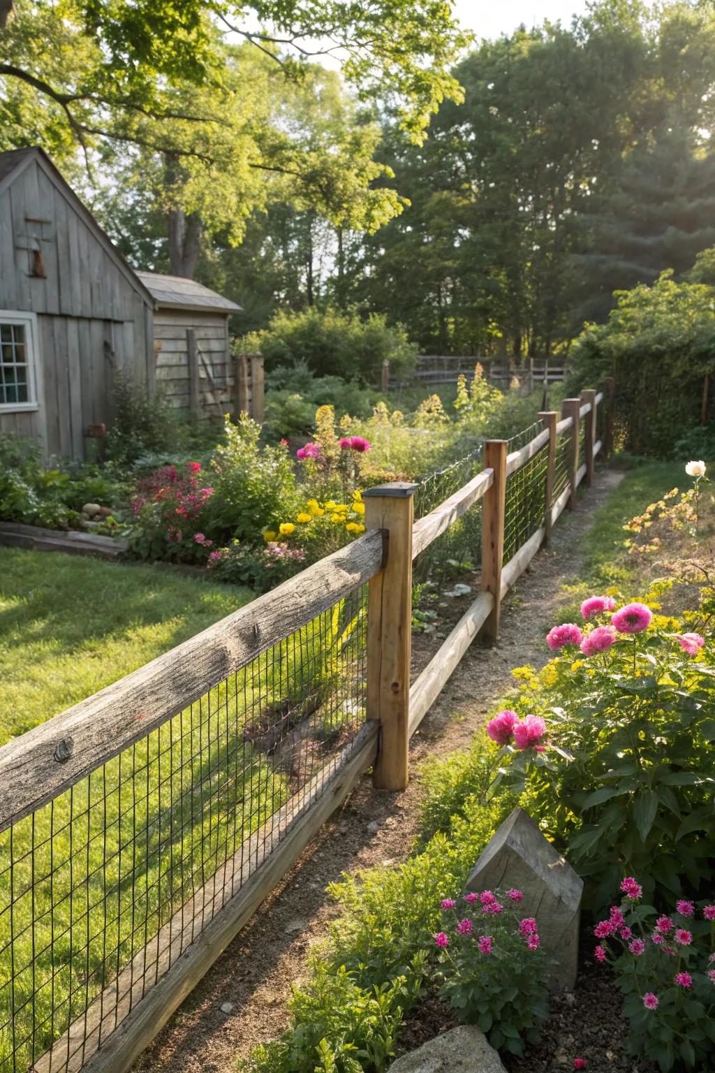 The classic charm of a post and rail fence enhanced with wire mesh.