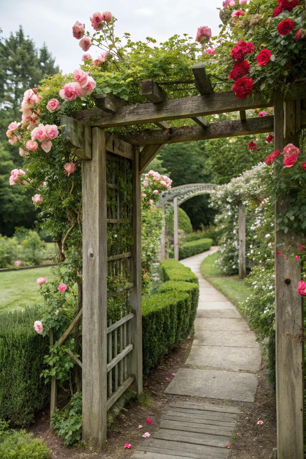 A welcoming garden entrance with a rose-covered wooden arbor.