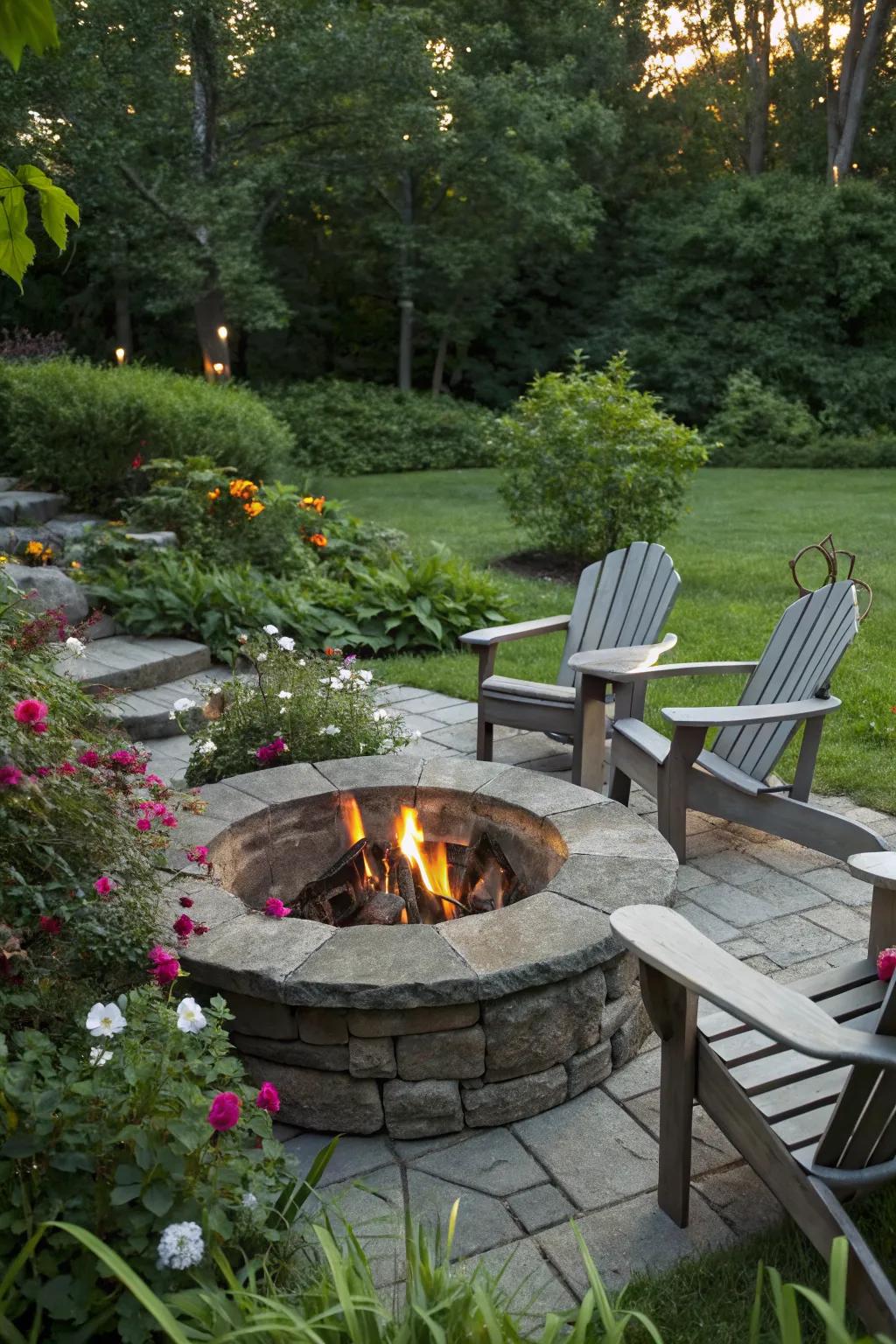 A classic stone fire pit offers a timeless appeal in any garden.