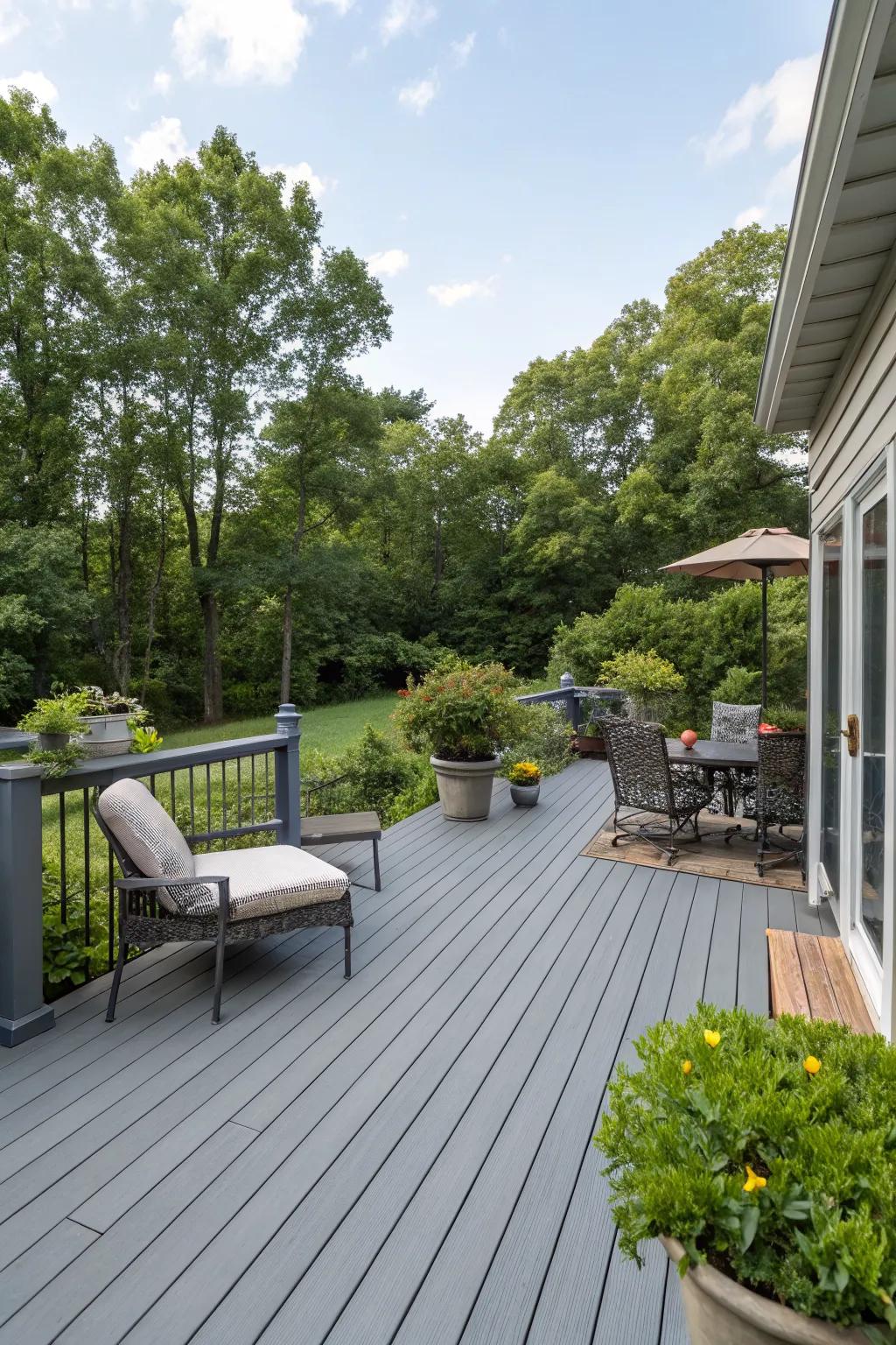 A classic gray-painted deck that exudes elegance and style.