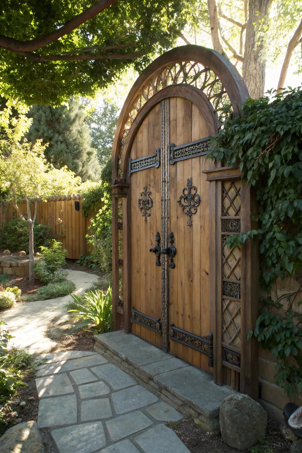 A classic arched wooden gate adds elegance to the garden.