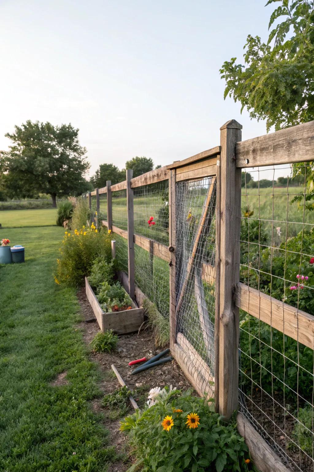Classic wood and wire mesh fence offering a blend of strength and elegance.