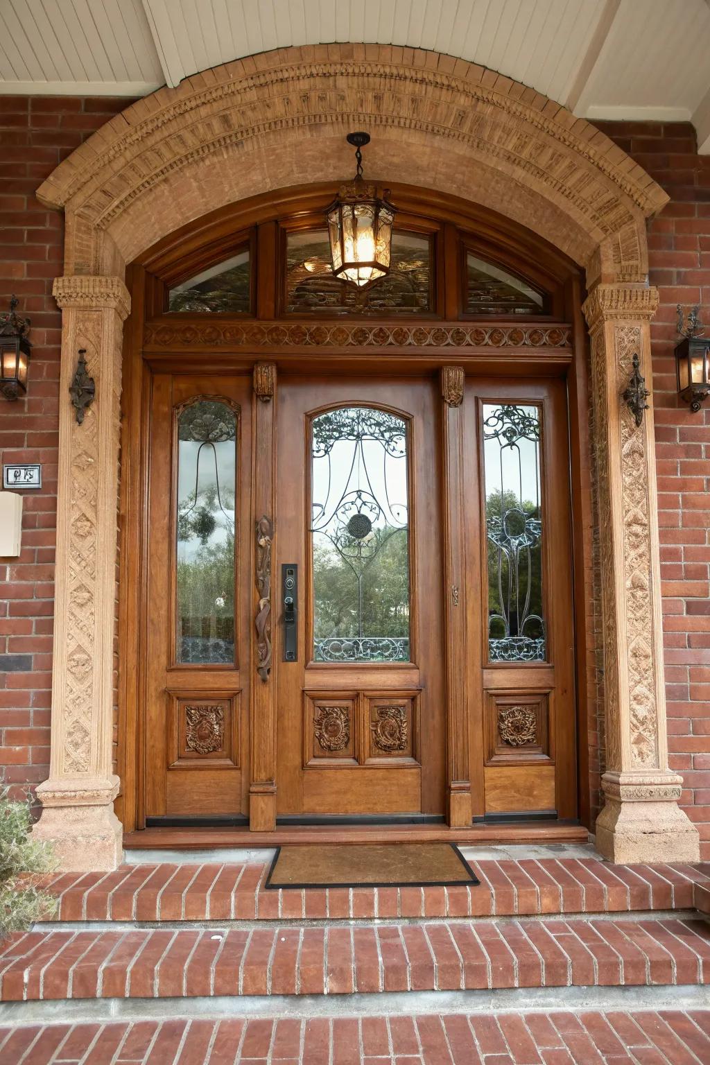 Classic carved wooden front door with elegant glass panels.