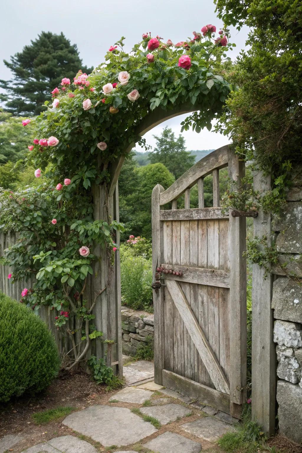 An arched wooden gate enveloped by climbing roses, exuding rustic charm.