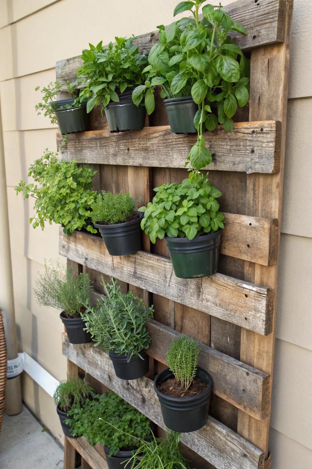 Create a vertical herb garden with wood pallets.