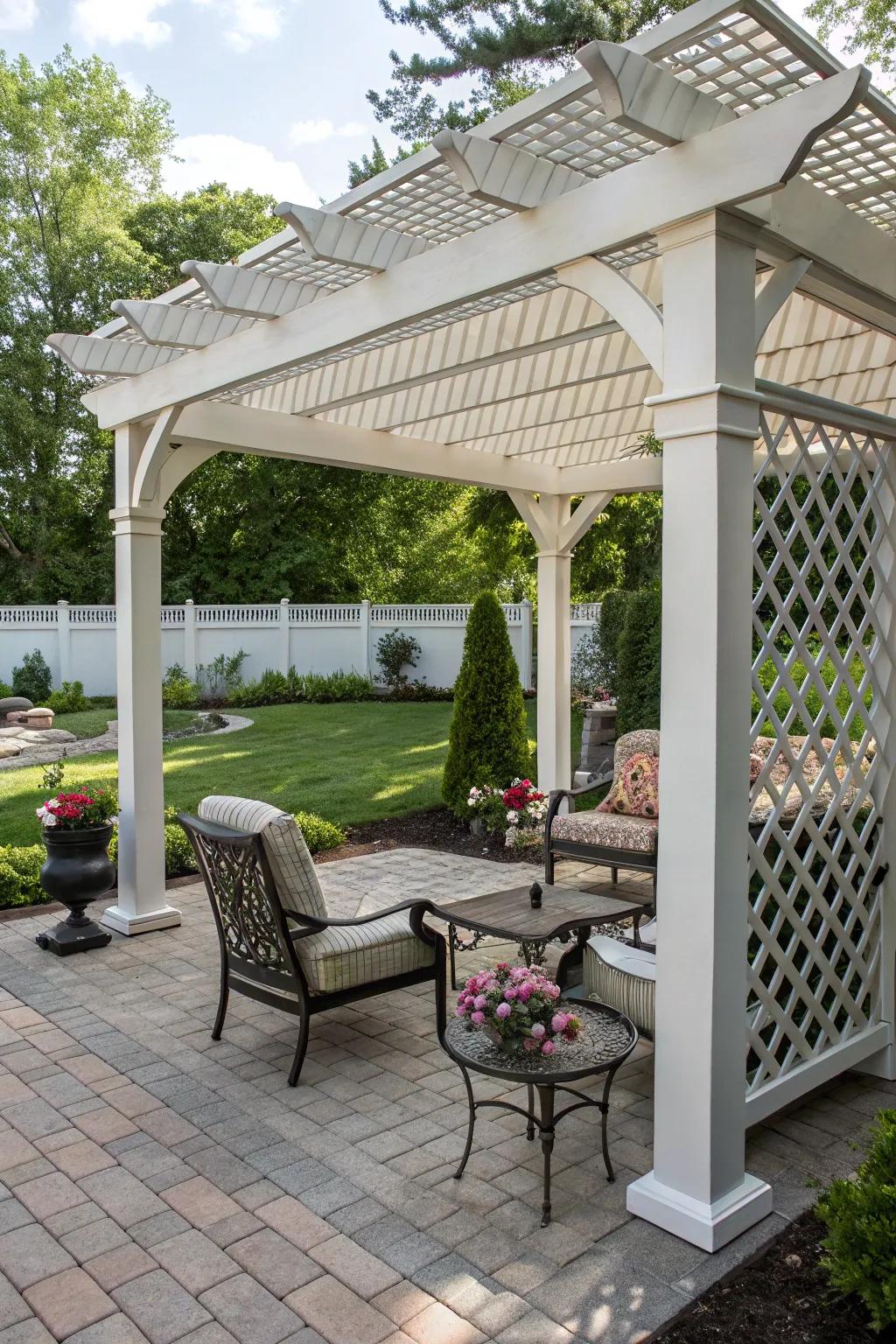 A pergola with a lattice roof adds elegance and charm to any backyard.