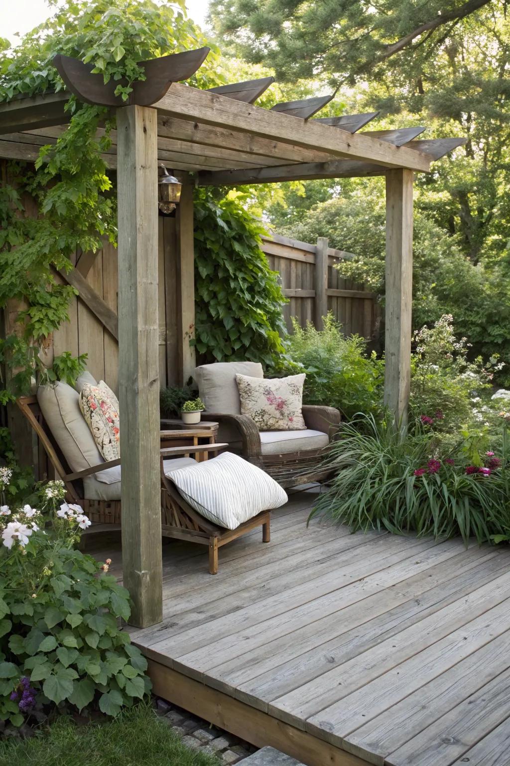 A wooden patio deck with a charming reading nook.