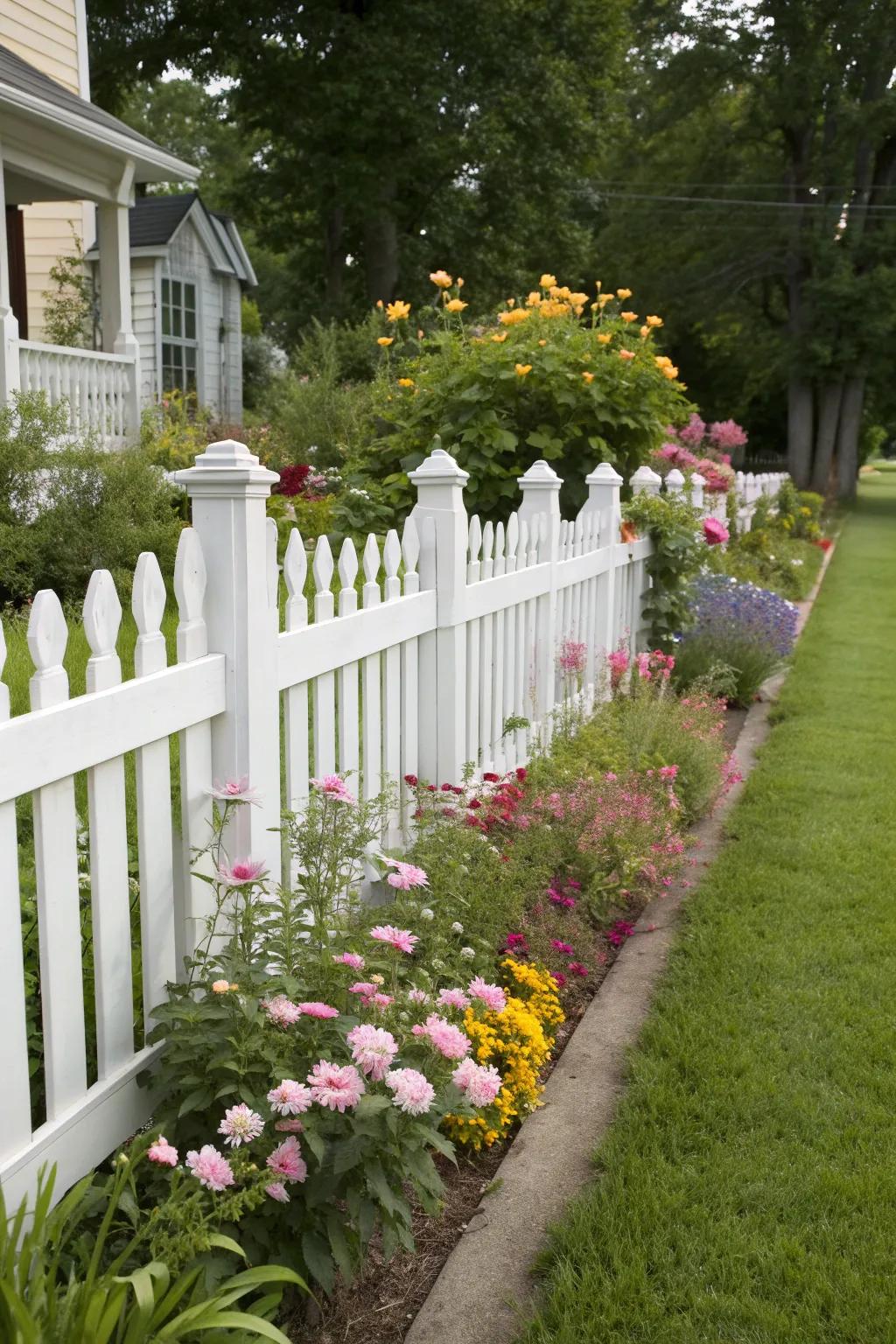 The classic white picket fence complements vibrant garden blooms.