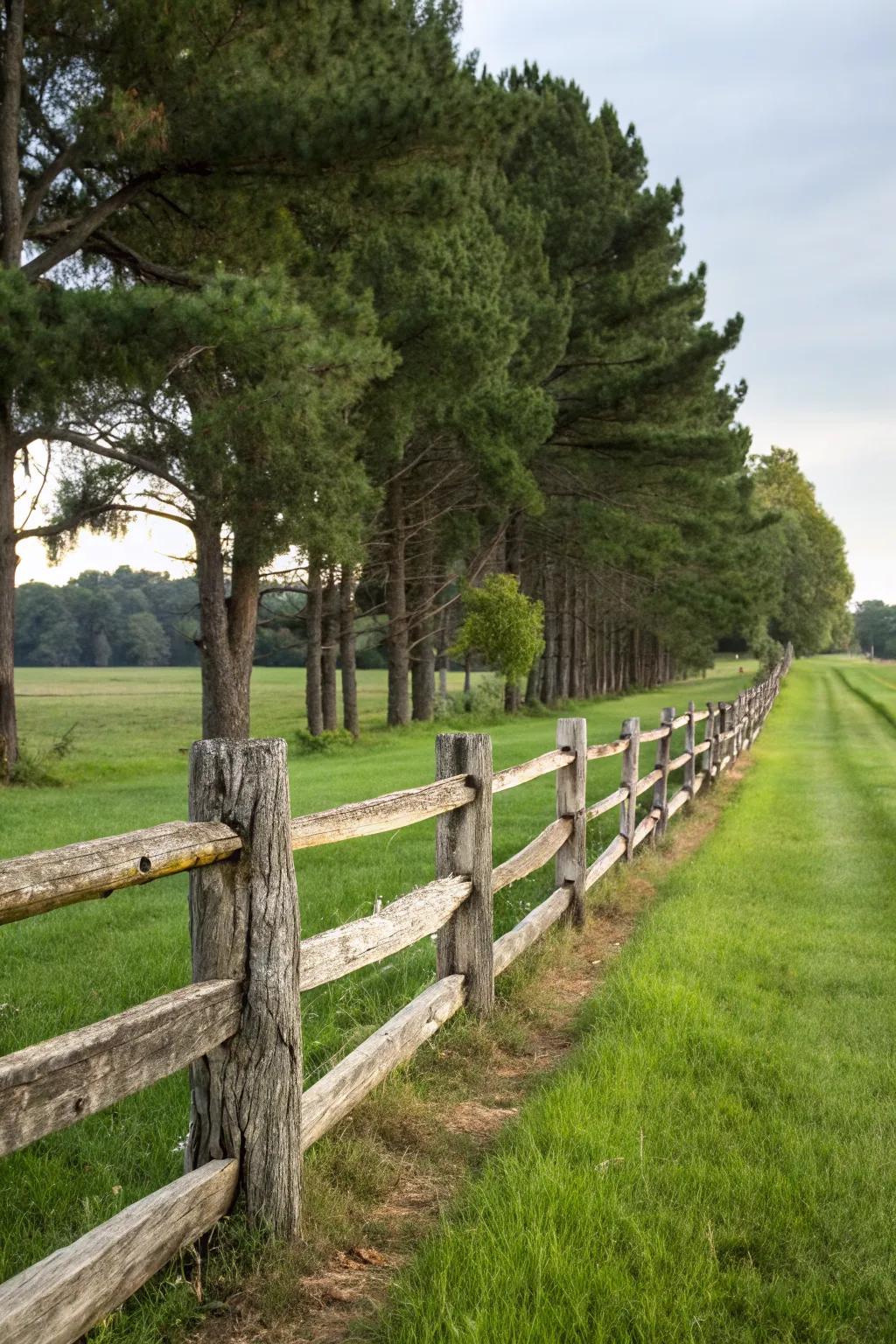 A traditional split rail fence blends seamlessly with the surrounding landscape.