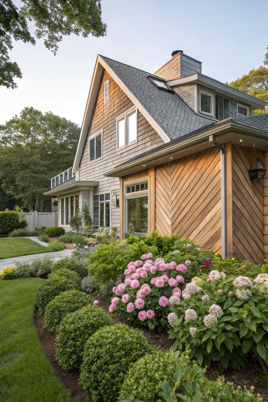 Diagonal wood siding adds a modern twist.
