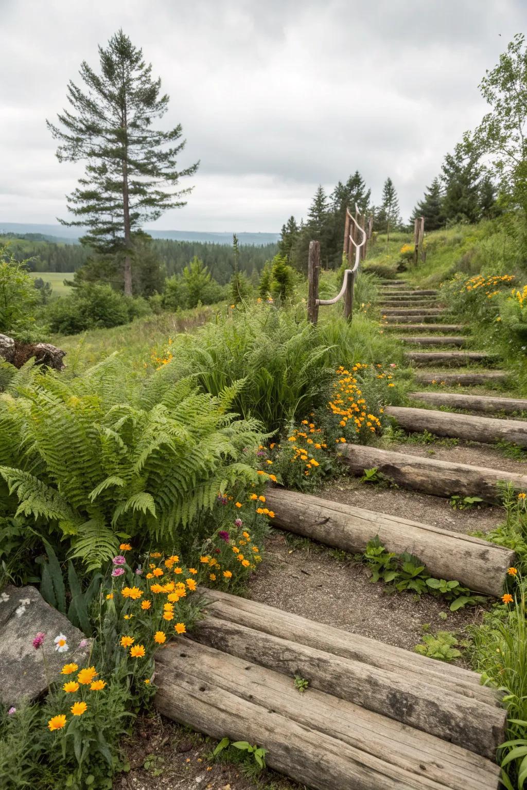 Log steps nestled among ferns in a woodland-inspired garden.