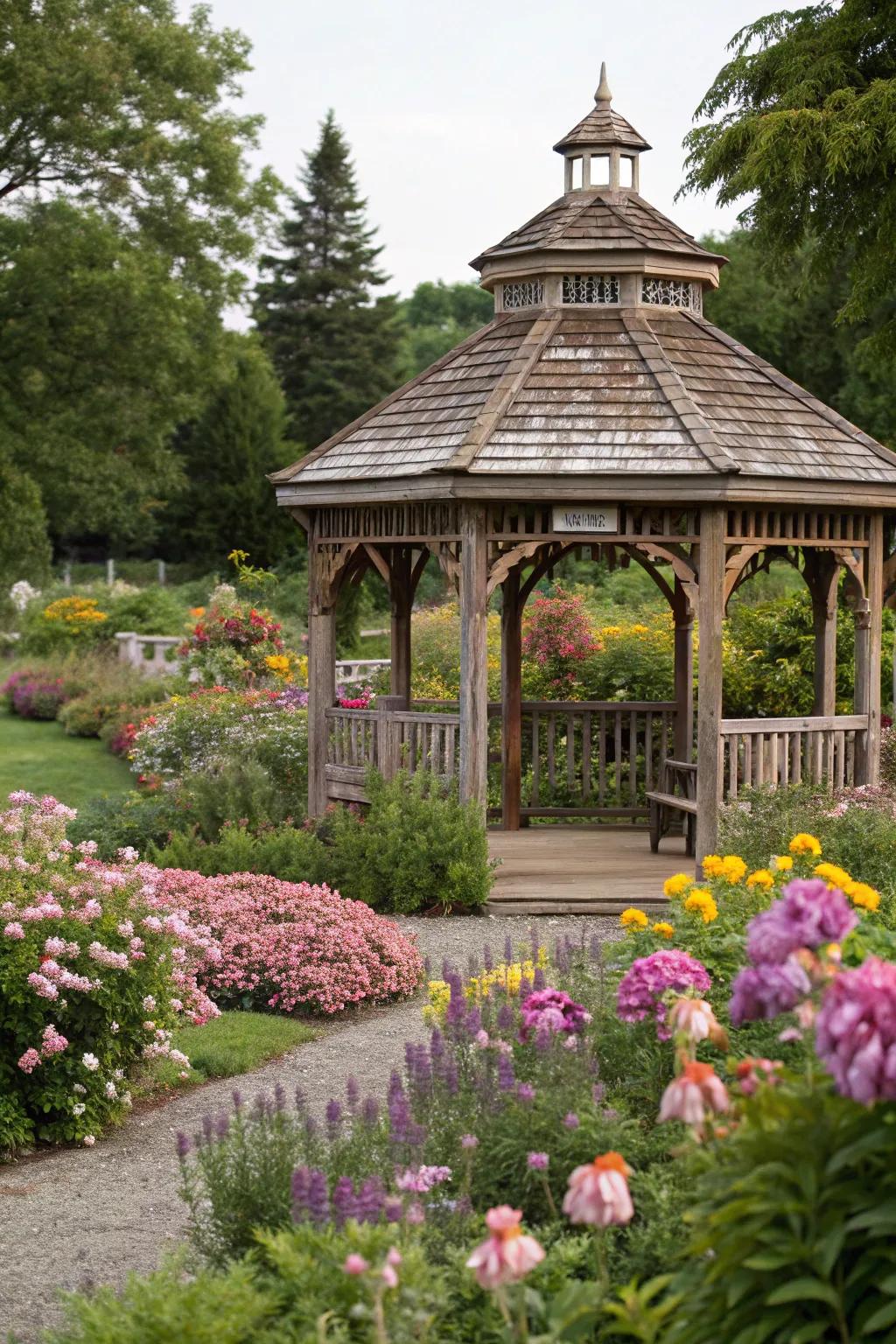 A classic wooden gazebo in a vibrant garden, ideal for relaxation.