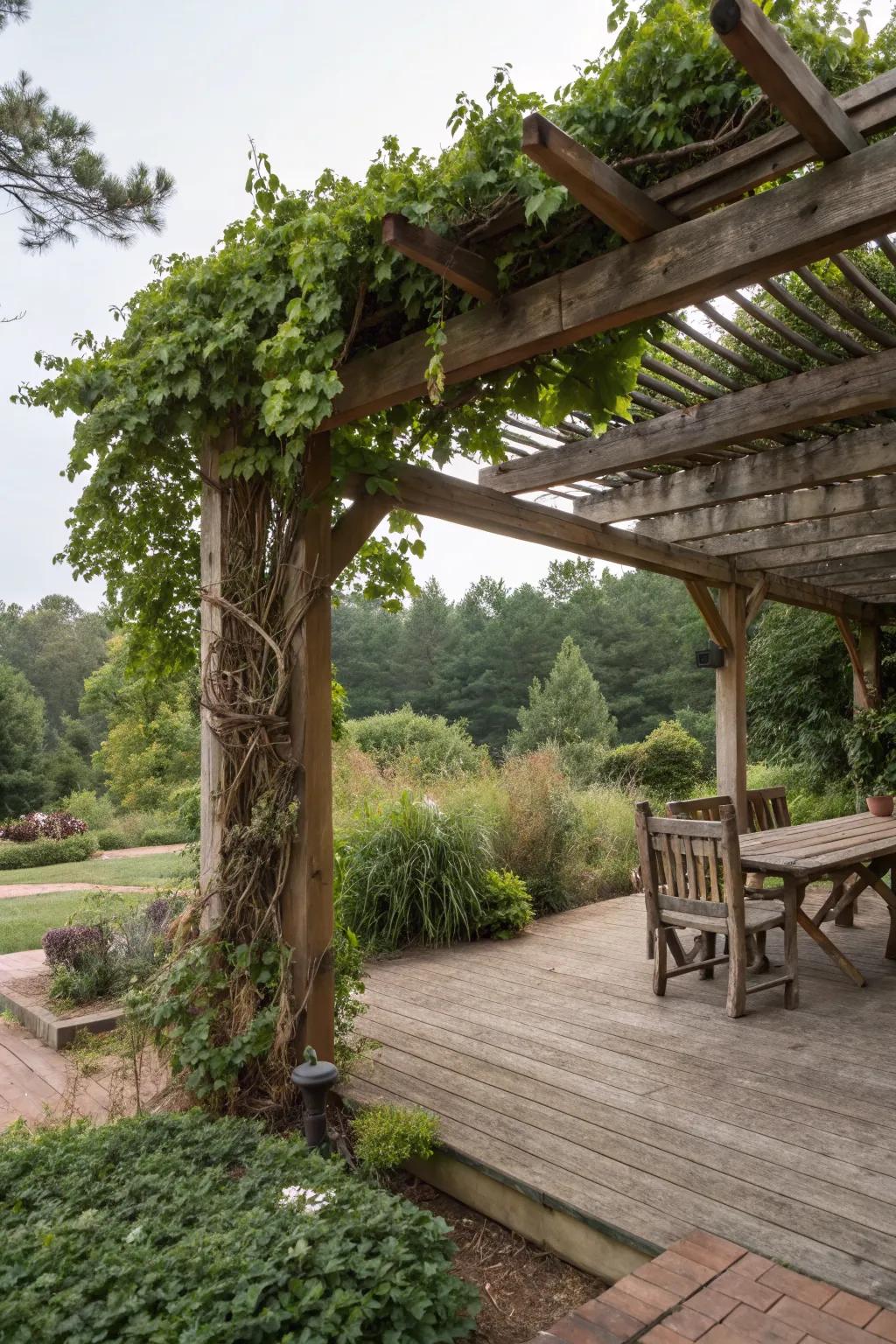 Rustic wooden pergola brings charm and shade to a patio.