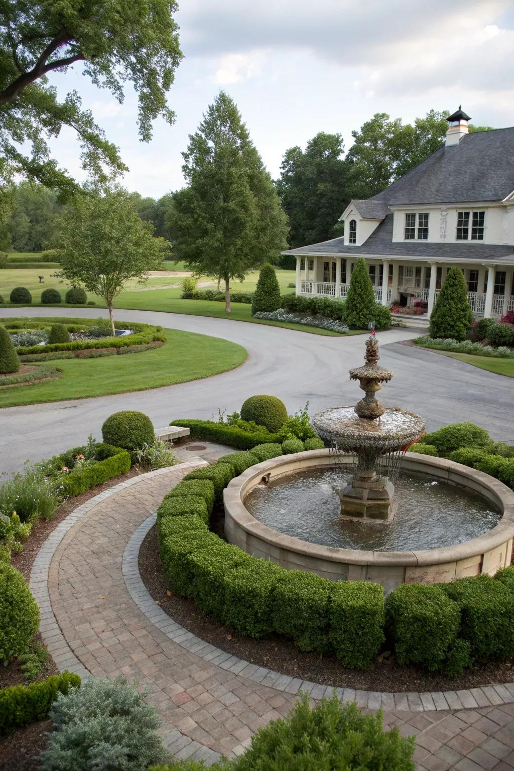 A classic circular driveway with a central fountain, enhancing curb appeal.
