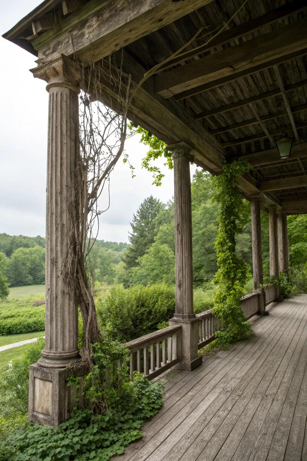 Rustic wrap around porch with wooden elements and greenery