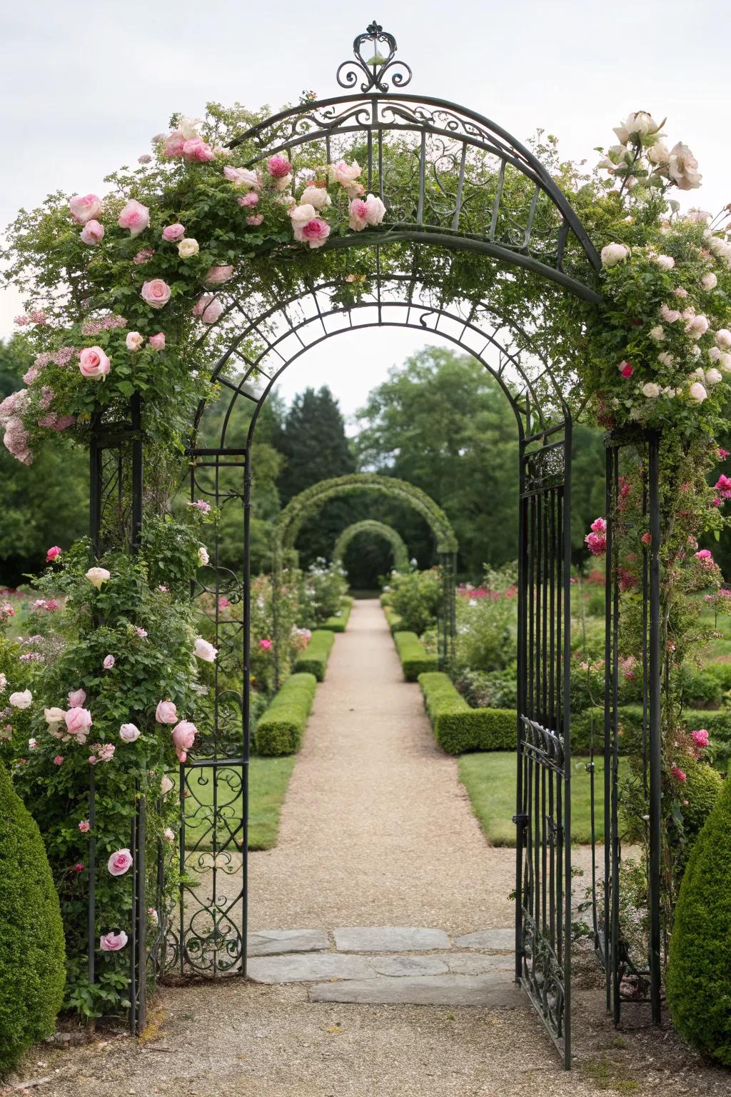 A romantic garden arch sets the stage for a magical garden entrance.