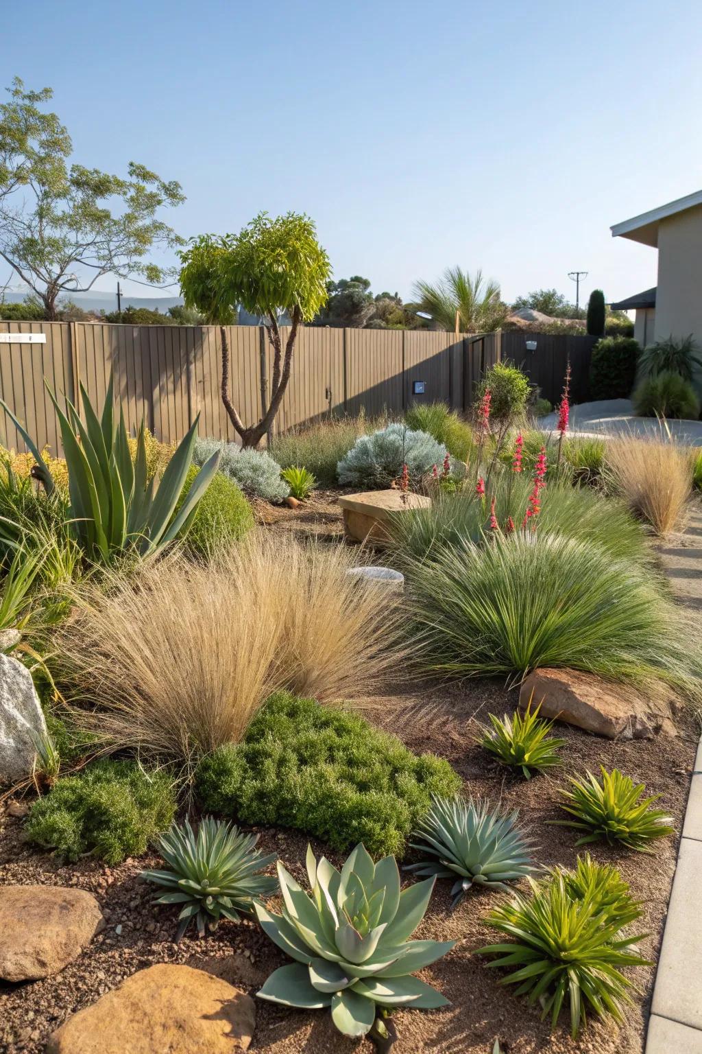 A front yard showcasing a variety of drought-tolerant plants.
