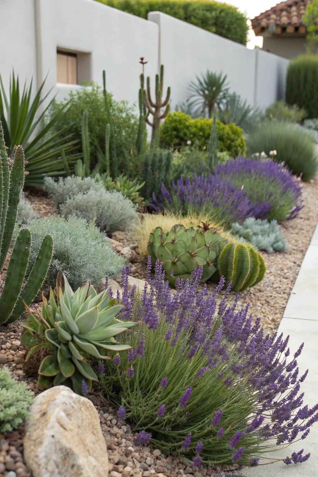 A vibrant mix of drought-resistant plants in a xeriscape garden.