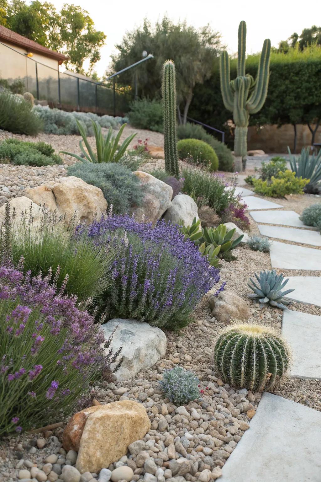 A xeriscape garden rich with succulents, cacti, and lavender.
